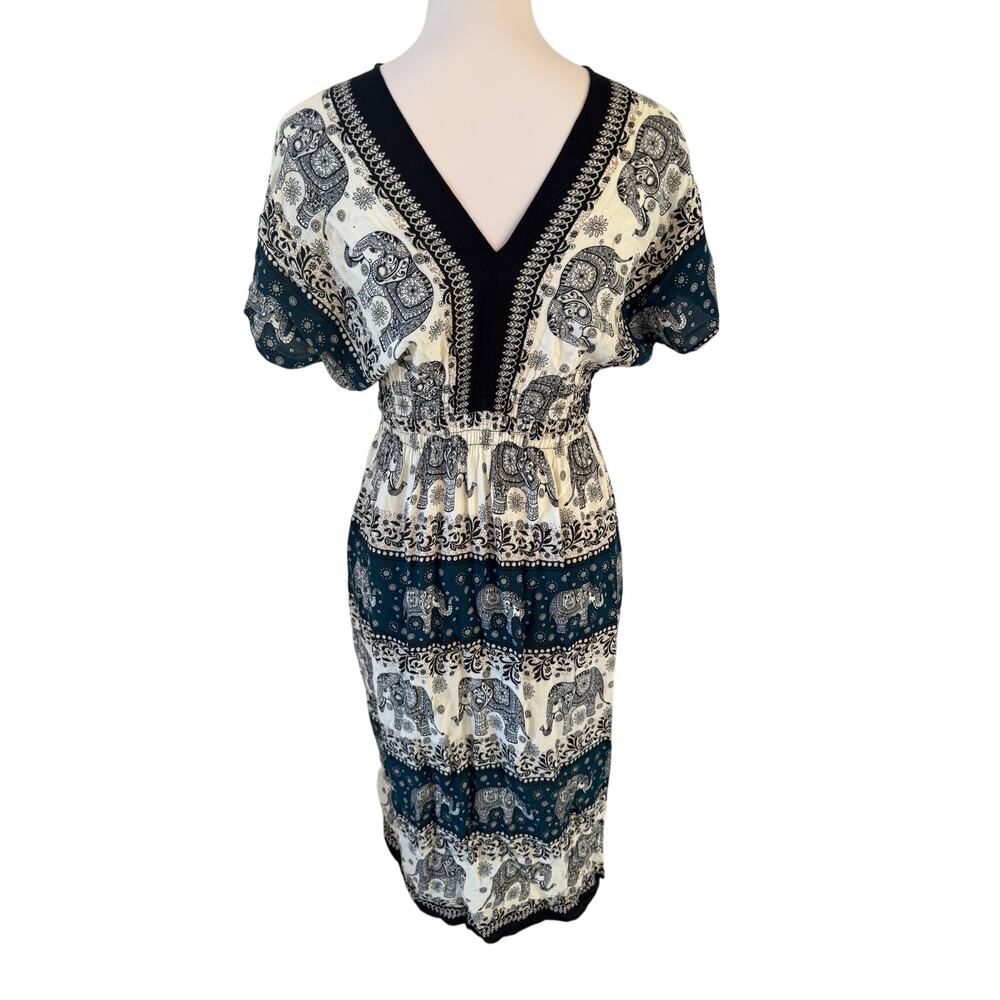Womens Teal Blue White Elephant Print Boho Midi Dress V Neck Thailand